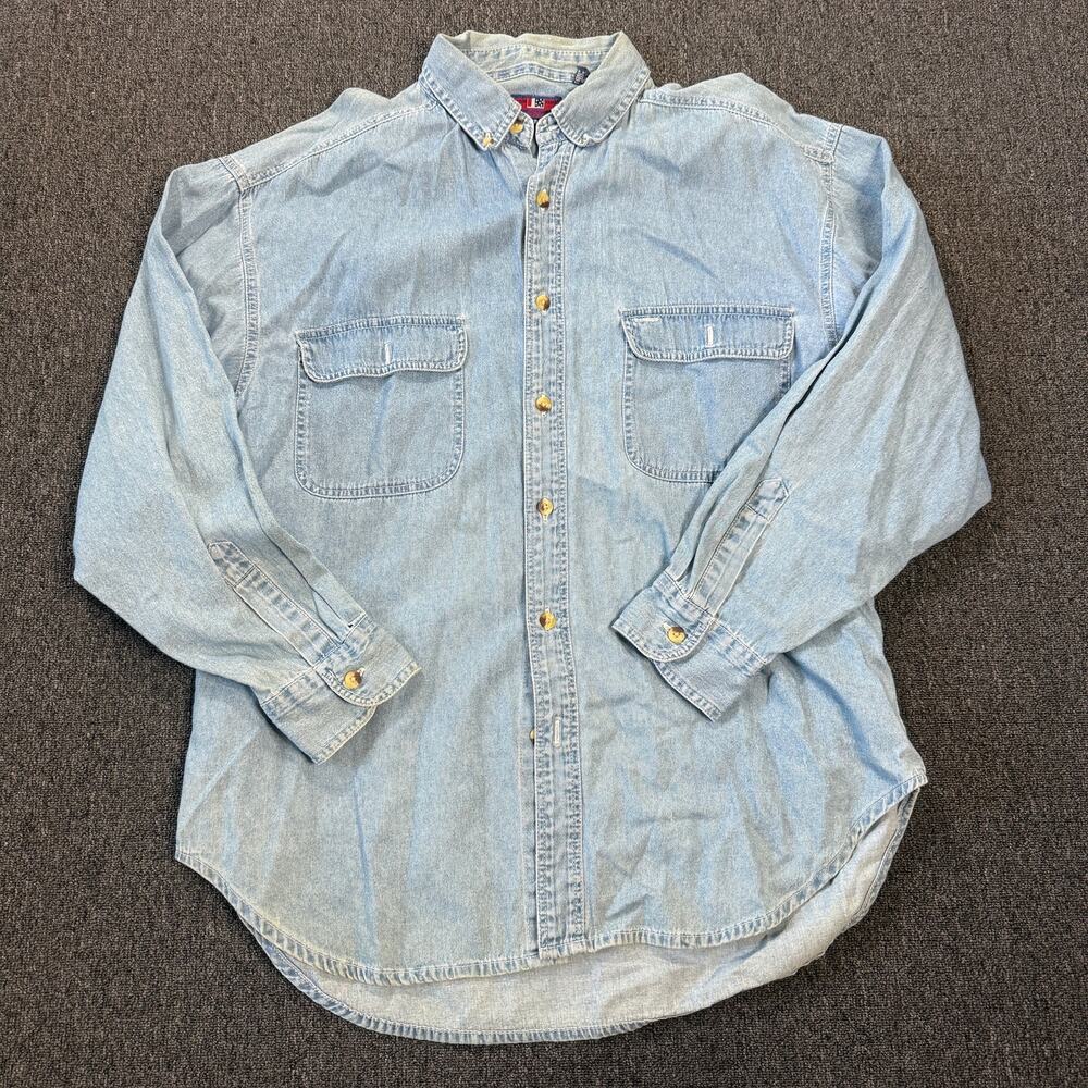 Vintage Y2k Light Wash Blue Denim 100% Cotton Longsleeve Women's Button Down L